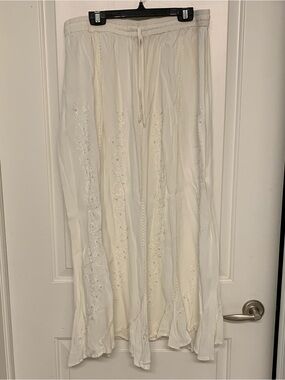 Papa White Midi Skirt XL Floral Embroidered Sequin Boho Chic Ren Faire Y2K Fairy